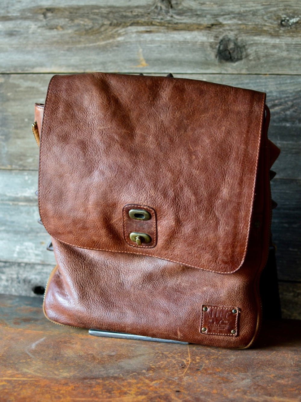 WILL Leather Goods Brown Distressed Crossbody Messenger Bag Plaid Lining